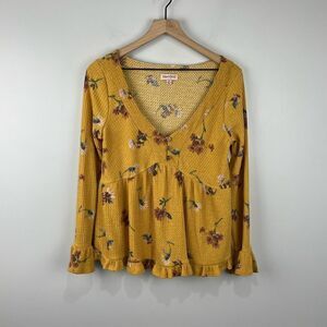 Bloomfield Mustard Yellow Floral Waffle Knit V Neck Top M NWT